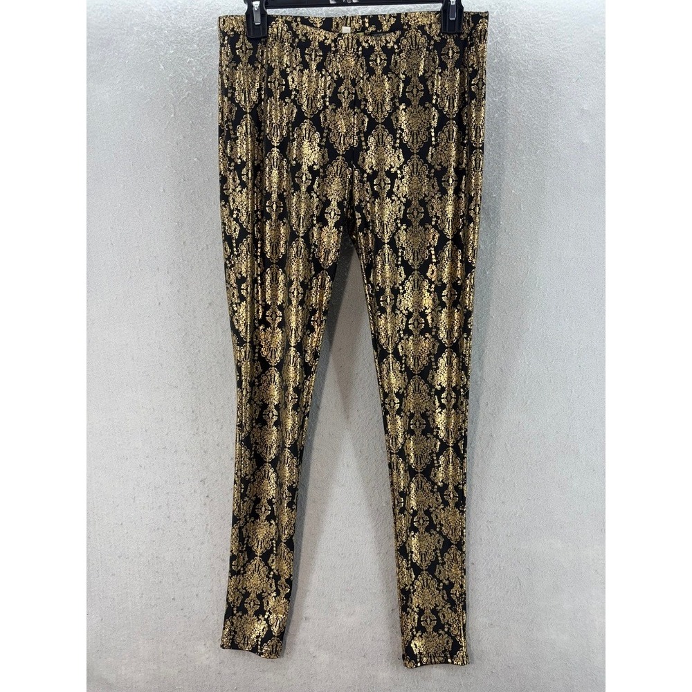 Gianni Bini Leggings Women L Black Gold Metallic Damask Baroque Slim Fit Pants